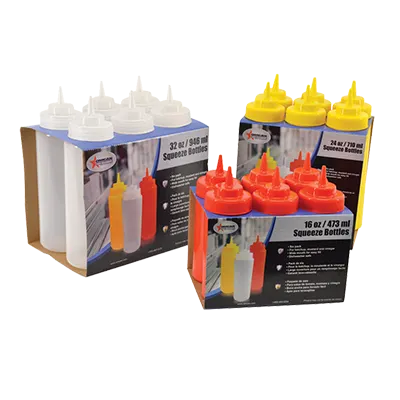Omcan USA 40476 - 32oz Clear Wide-Mouth Vinegar Squeeze Bottle, Dishwasher Safe, Single Tip, 4/Set