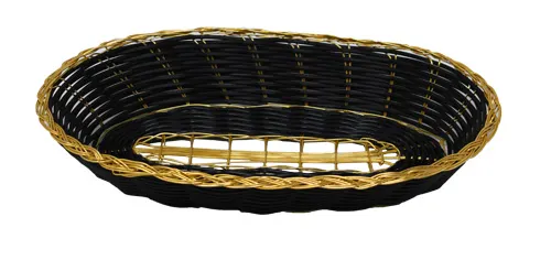 Omcan USA 47193 - Long Oval Woven Display Basket, 9"D x 4.25"W x 2"H, Black with Golden Trim