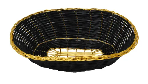 Omcan USA 47194 - Woven Long Oval Food Display Basket, 9"D x 6.25"W x 2.25"H, Black with Golden Trim