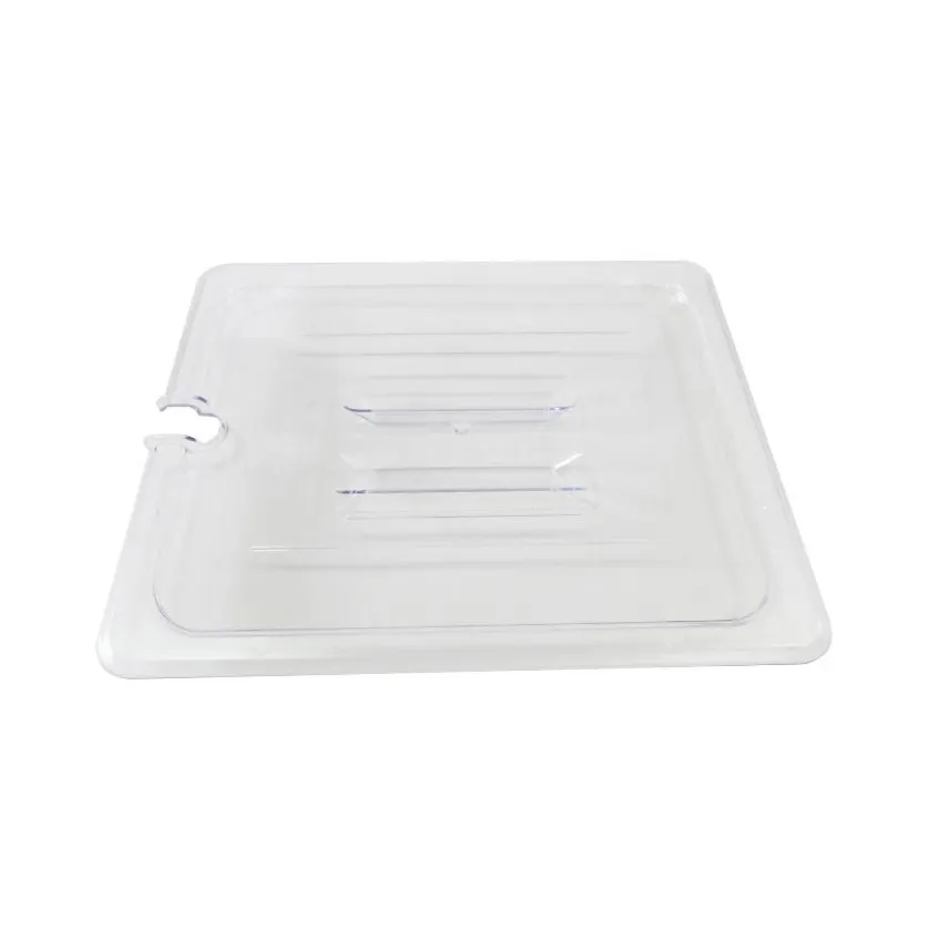 Omcan USA 80026 1/2-Size Clear PC Pan Cover, Handled Spoon‑Notched Slotted Lid, 12‑4/5"×10‑7/16"