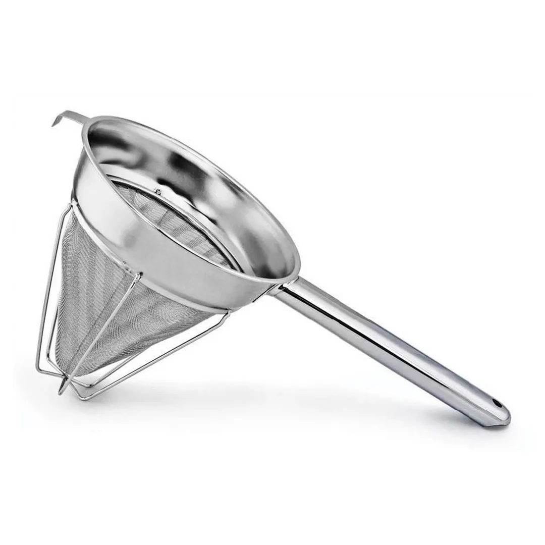 Omcan USA 80126 - 8" Fine Mesh Bouillon Strainer, Stainless Steel Chinois, Hollow Reinforced Handle