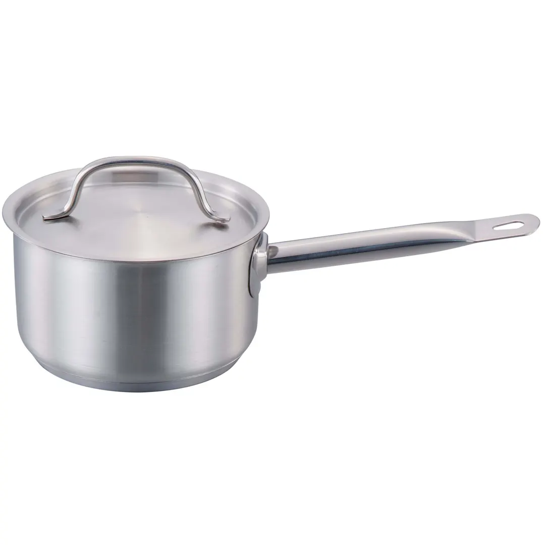 Omcan USA 80434 Sauce Pan, 6-9 Qt, 9-15/16" Dia x 5-1/8" Deep, Steel, Cover, Welded Handle, NSF