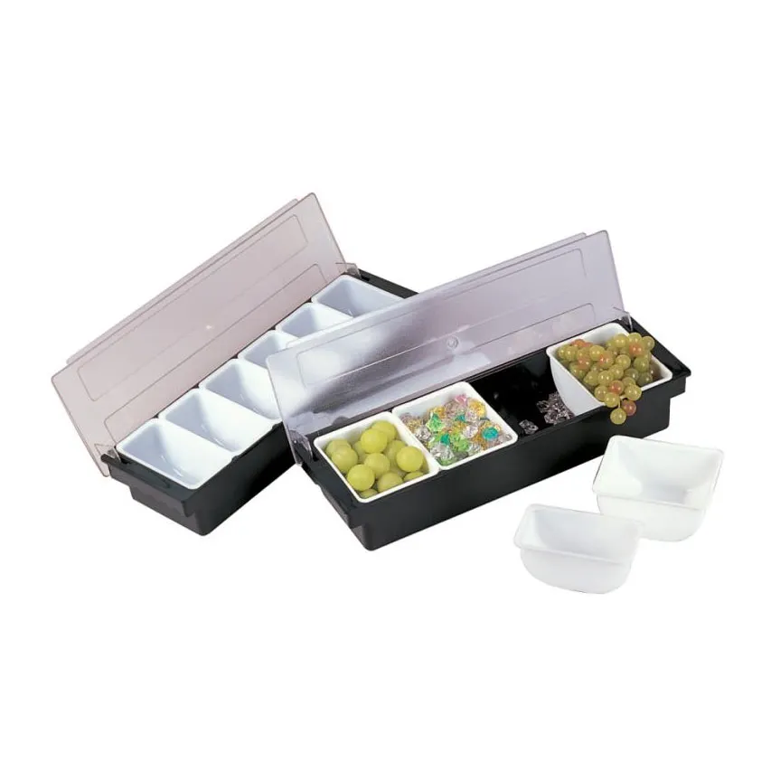 Omcan USA 80592 Bar Condiment Holder, 20"W x 6"D x 3-1/2"H, 6-Compartment Black ABS Plastic