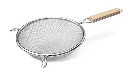 Omcan USA 80938 Mesh Strainer, 8-1/2" Diameter, 8" Bowl, Tin-Plated Double Mesh, Flat Wood Handle