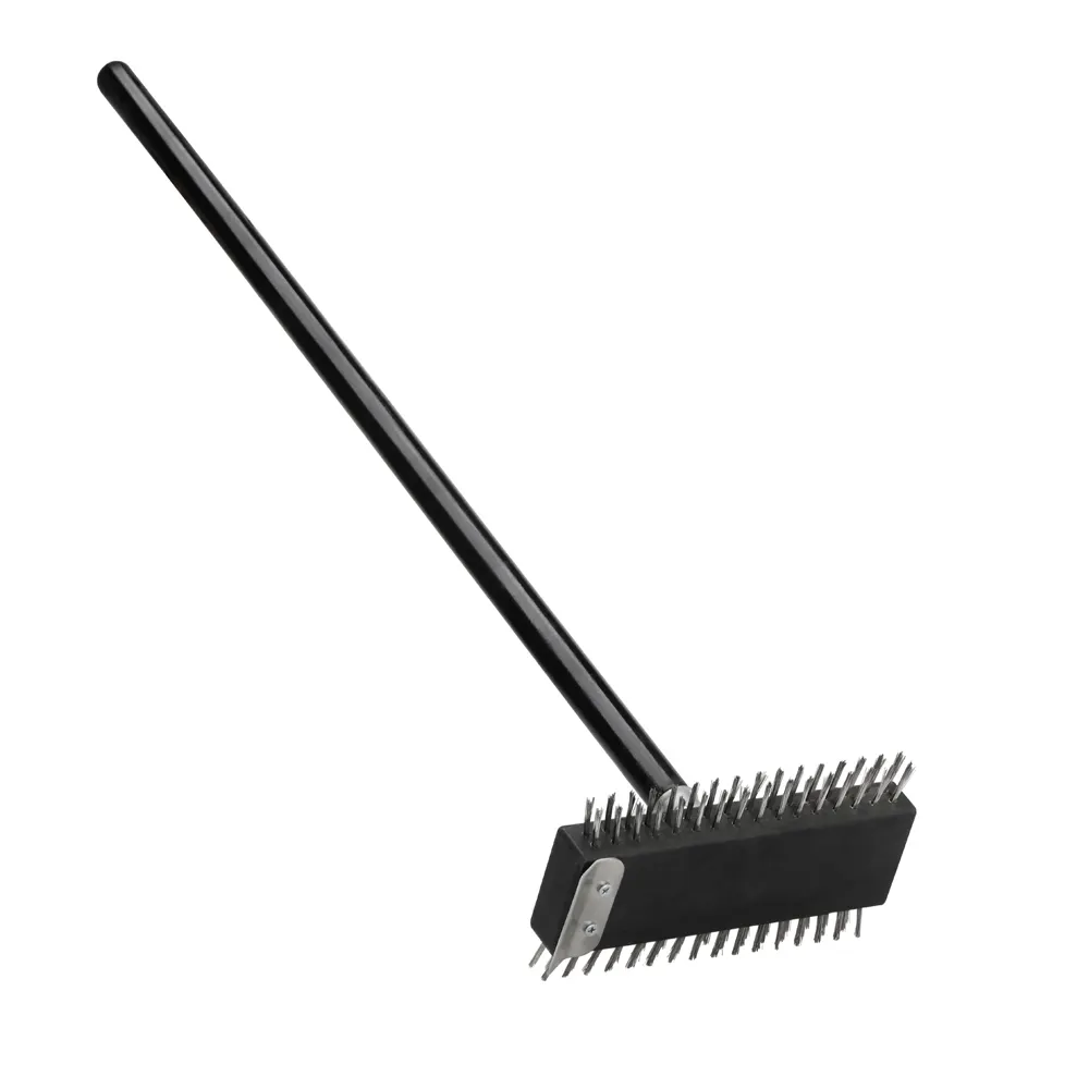 Omcan USA 80947 Double‑Sided Pizza Oven Brush With Wire Bristles, Metal Scraper, Black Handle
