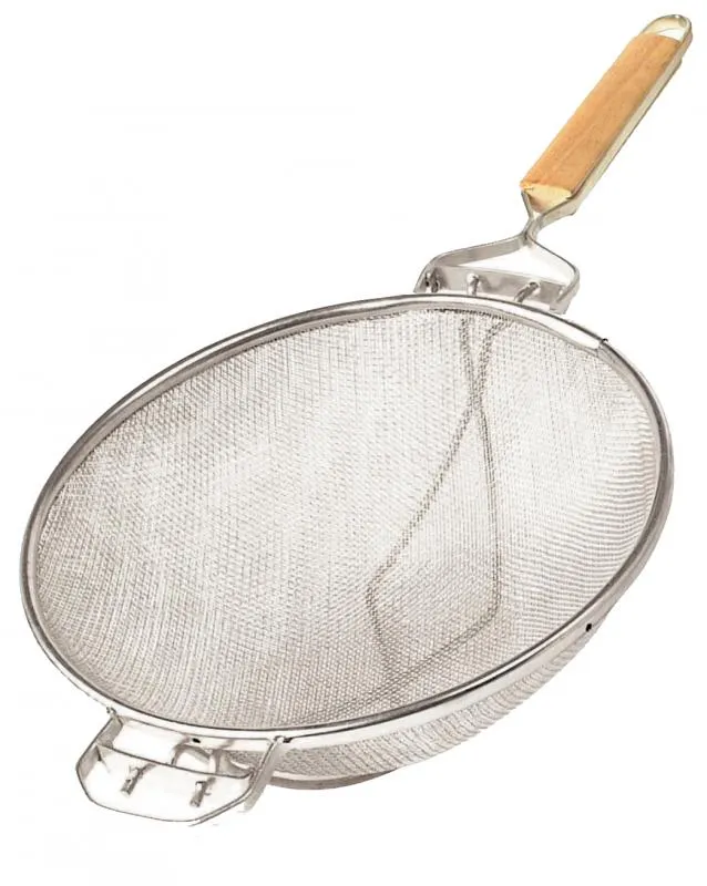 Omcan USA 81002 Mesh Strainer – 10-1/2" Double Mesh Stainless Steel with Flat Wood Handle – 10" Bowl