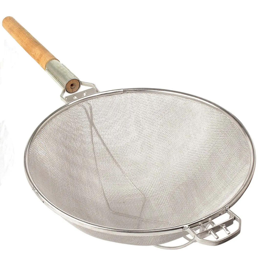 Omcan USA 81004 - 12" Double Mesh Stainless Steel Kitchen Strainer with Round Wood Handle