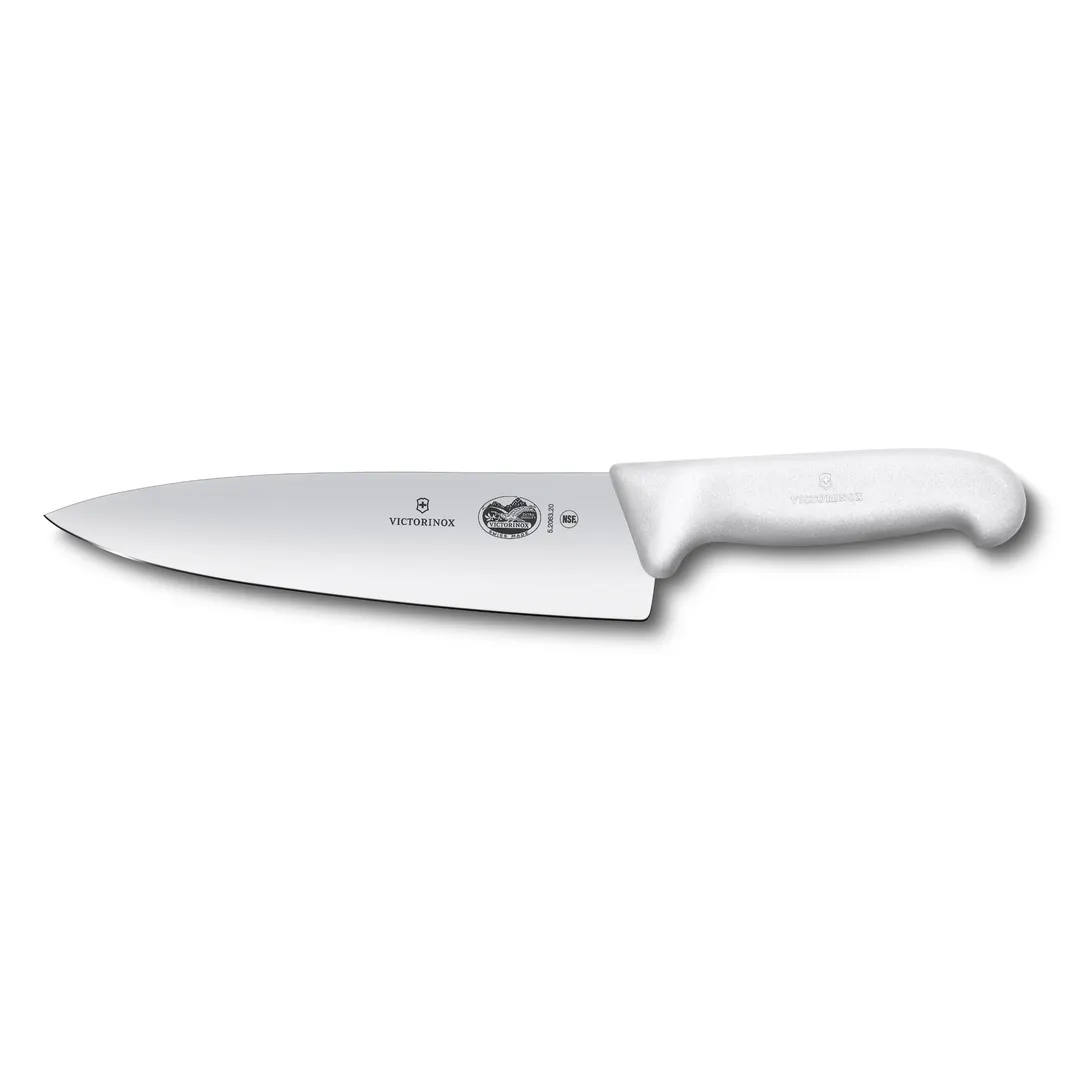 Victorinox 5.2067.20B Chef Knife – 8" Blade, White Fibrox Handle, Steel Blade, 7"-9" Length
