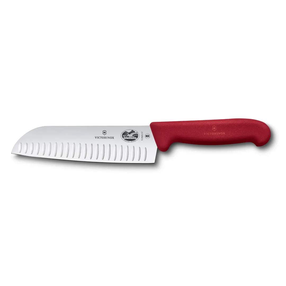 Victorinox 5.2521.17B Santoku Knife, 7" Granton Blade, Stamped, Red Fibrox Handle, Hollow Edge