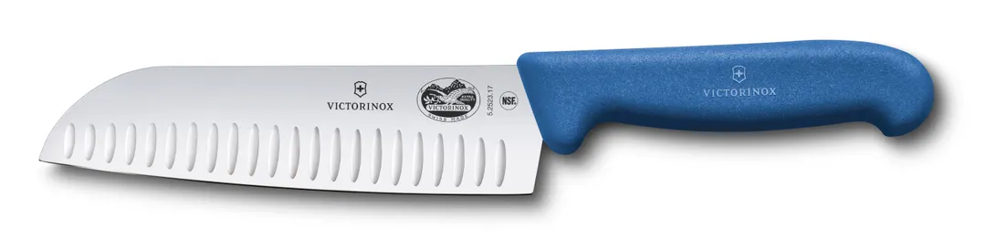 Victorinox 5.2522.17 Santoku Knife, 7" 1-1/2" Handle, Red Fibrox Handle, Granton Edge, Stamped