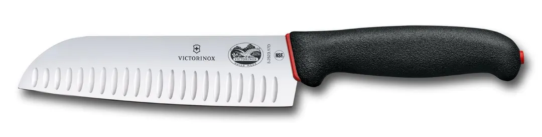 Victorinox 5.2523.17DB Santoku Knife, 7" Granton Edge, Black/Red Dual Grip Handle, NSF