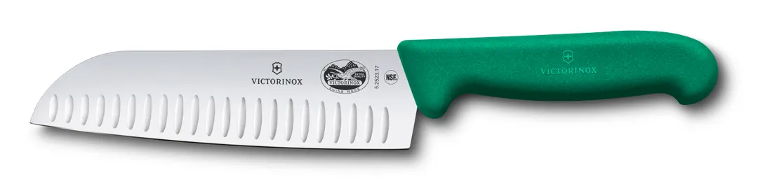 Victorinox 5.2524.17 Santoku Knife, 7" 1-1/2" Handle, Green Fibrox Handle, Granton Edge, Stamped