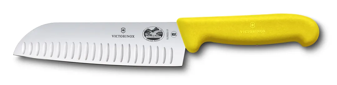 Victorinox 5.2528.17 Santoku Knife, 7" Blade, 1-1/2" Yellow Fibrox Pro Handle, Granton Edge Stamped