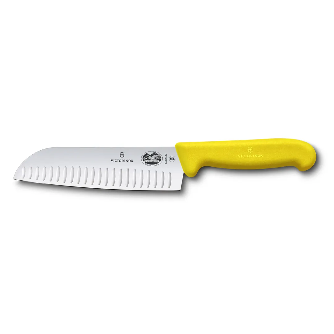 Victorinox 5.2528.17B Santoku Knife, 7" Granton Blade, Yellow Fibrox Handle, Stamped, Hollow Edge
