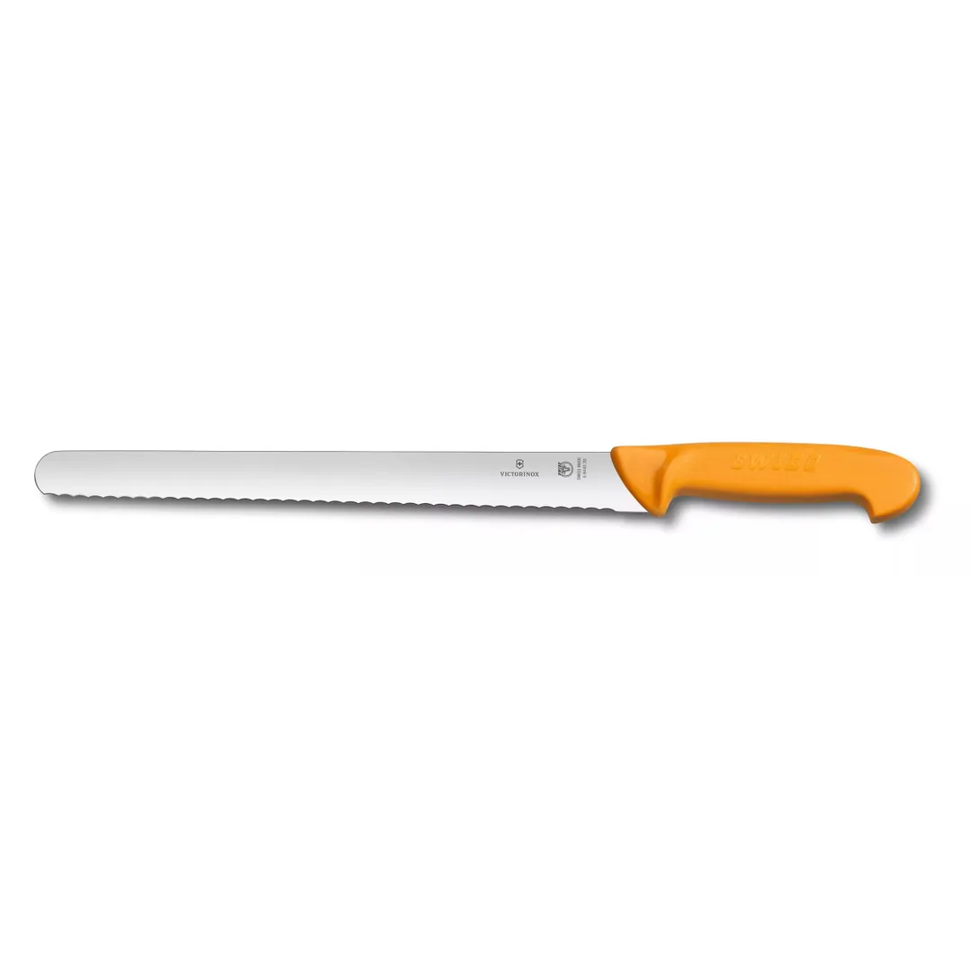 Victorinox 5.8443.30 Swibo Larding Knife, 12" Blade, Wavy Edge, Stamped, Orange Plastic/Poly Handle