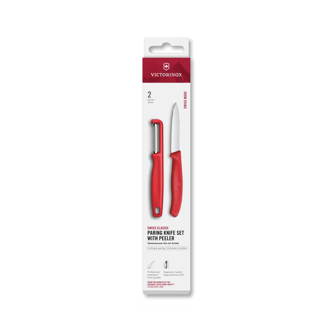 Victorinox 6.7111.21C1 10" Stainless Peeler Set, 2-Piece Red Paring & Serrated, 3-1/4" Blade - 2/Set