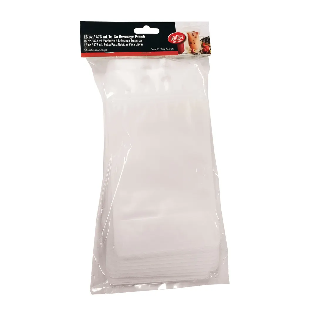 TableCraft Products 10884 - To‑Go Beverage Pouch, 16 oz (0.5 qt) Polyethylene, Clear, 50/Bag