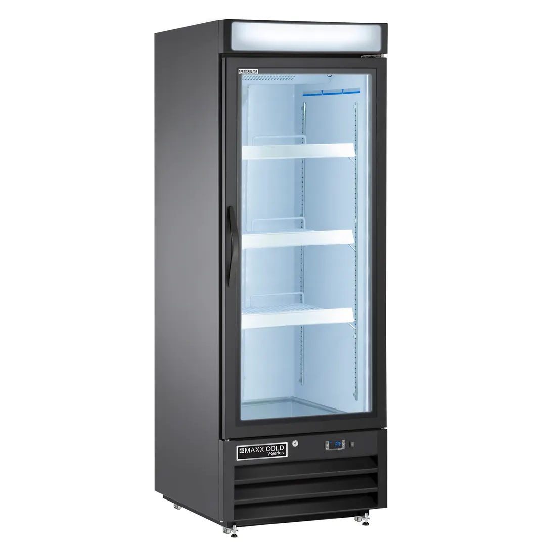 Maxx Cold MVMR16B - 25" Black Glass Door Merchandiser Refrigerator, 16 cu. ft., 4 Shelves, R290
