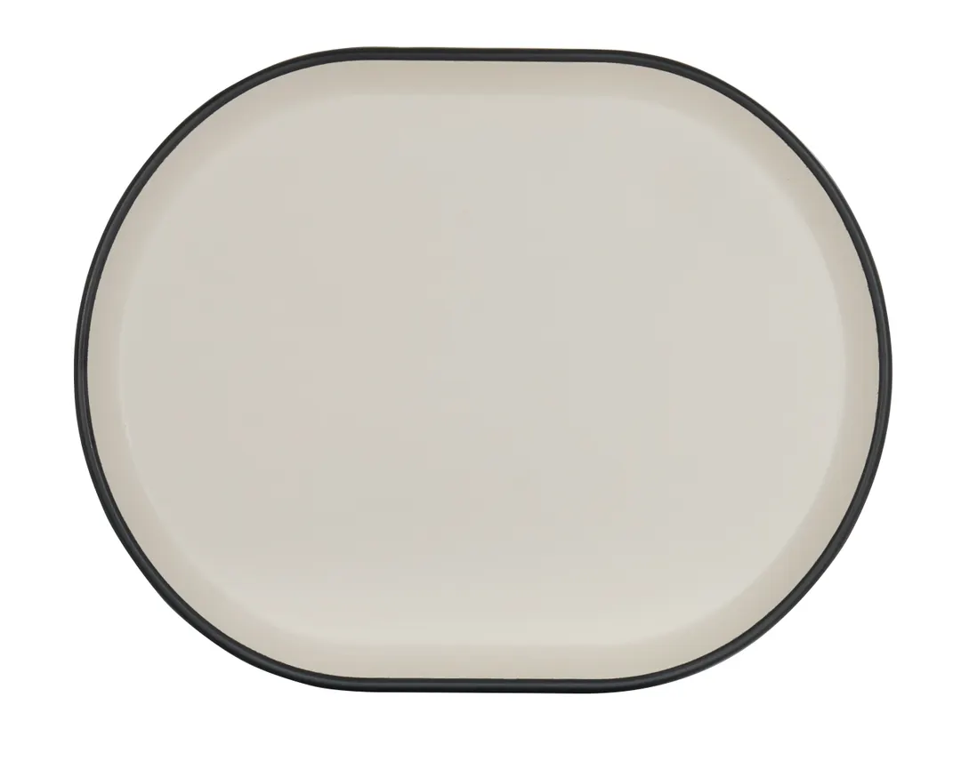 Cal-Mil 22018-13103 Oval Melamine Platter, 14" x 11.25" x 1" Matte Black & Ivory 2-Tone, Raised Rim