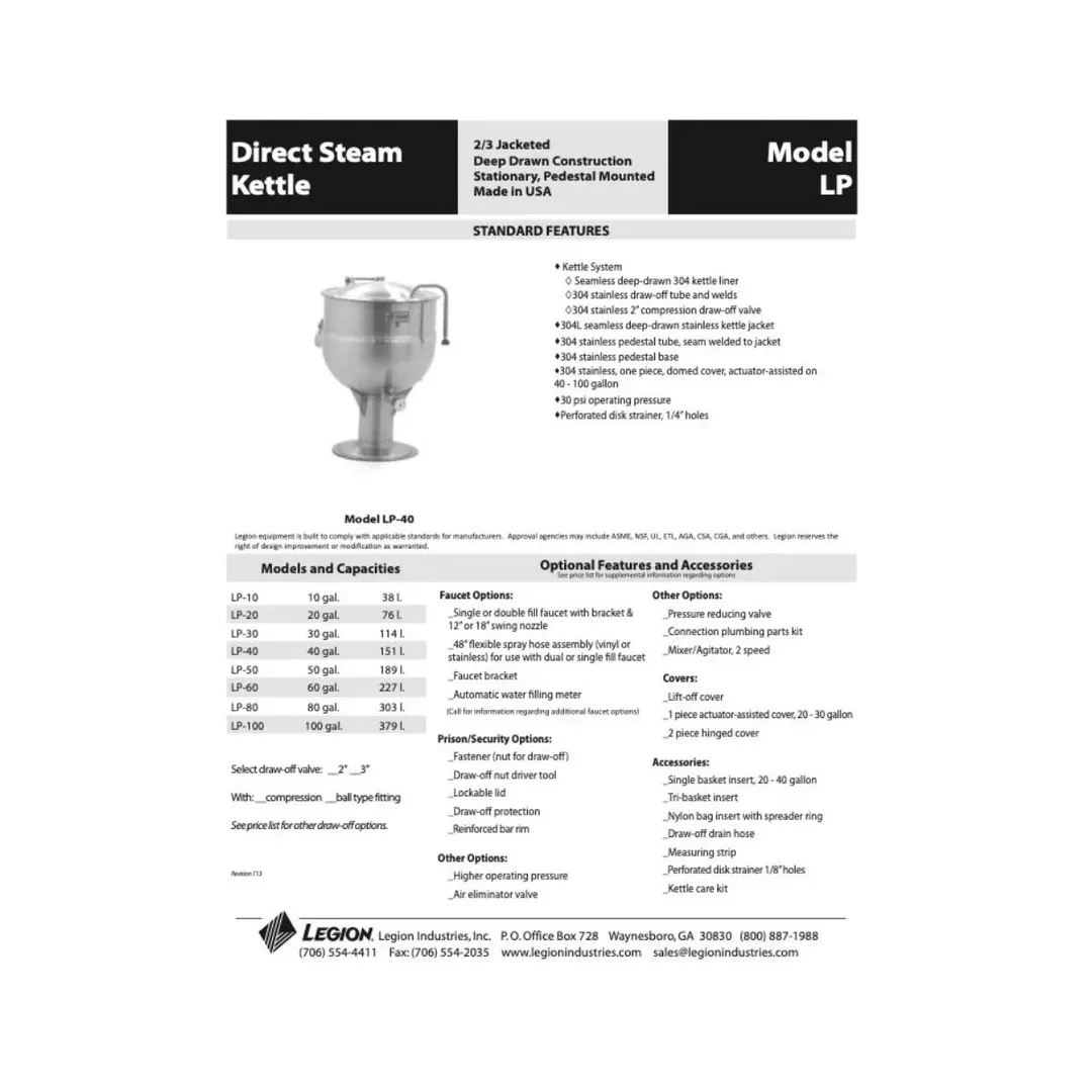 Legion LP-10 10 Gallon Floor Stationary 2/3 Steam Jacketed Direct Steam Kettle w/ Pedestal Base