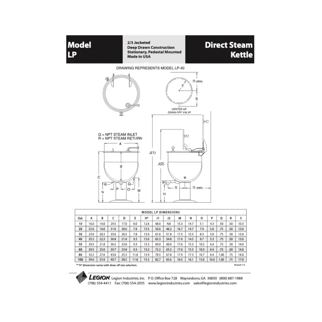 Legion LP-50 50 Gallon Floor Stationary 2/3 Steam Jacketed Direct Steam Kettle w/ Pedestal Base