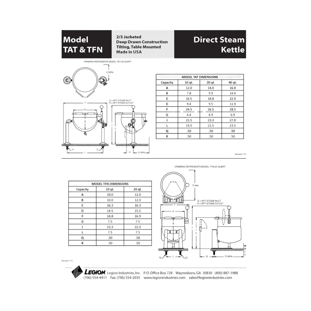 Legion TAT-10 2.5 Gallon Countertop Tilting 2/3 Steam Jacketed Direct Steam Kettle, Steam Control