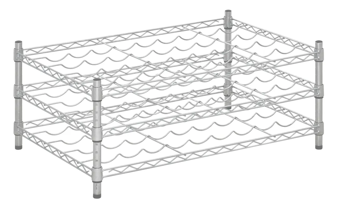 Hubert 182788 Kratos Wire Wine Rack, 36"W x 24"D x 14"H Countertop, 14" Posts, 3-Shelf, 48-Bottle Capacity, Chrome Finish, NSF-Certified