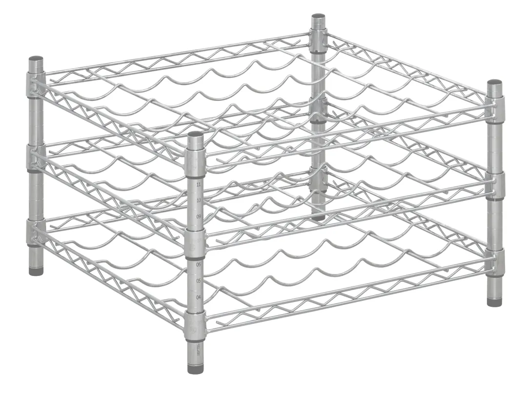 Hubert 212288 Kratos Wire Wine Rack, 24"W x 24"D x 14"H, 14" Posts, 3-Shelf, 30-Bottle Capacity, Chrome Finish, NSF Certified