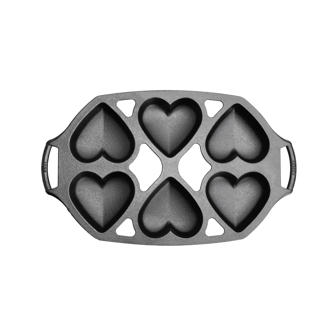 Lodge BWHRT Mini Heart Cake Pan, 6 Impressions, Cast Iron, Seasoned, Uncoated, With Handles