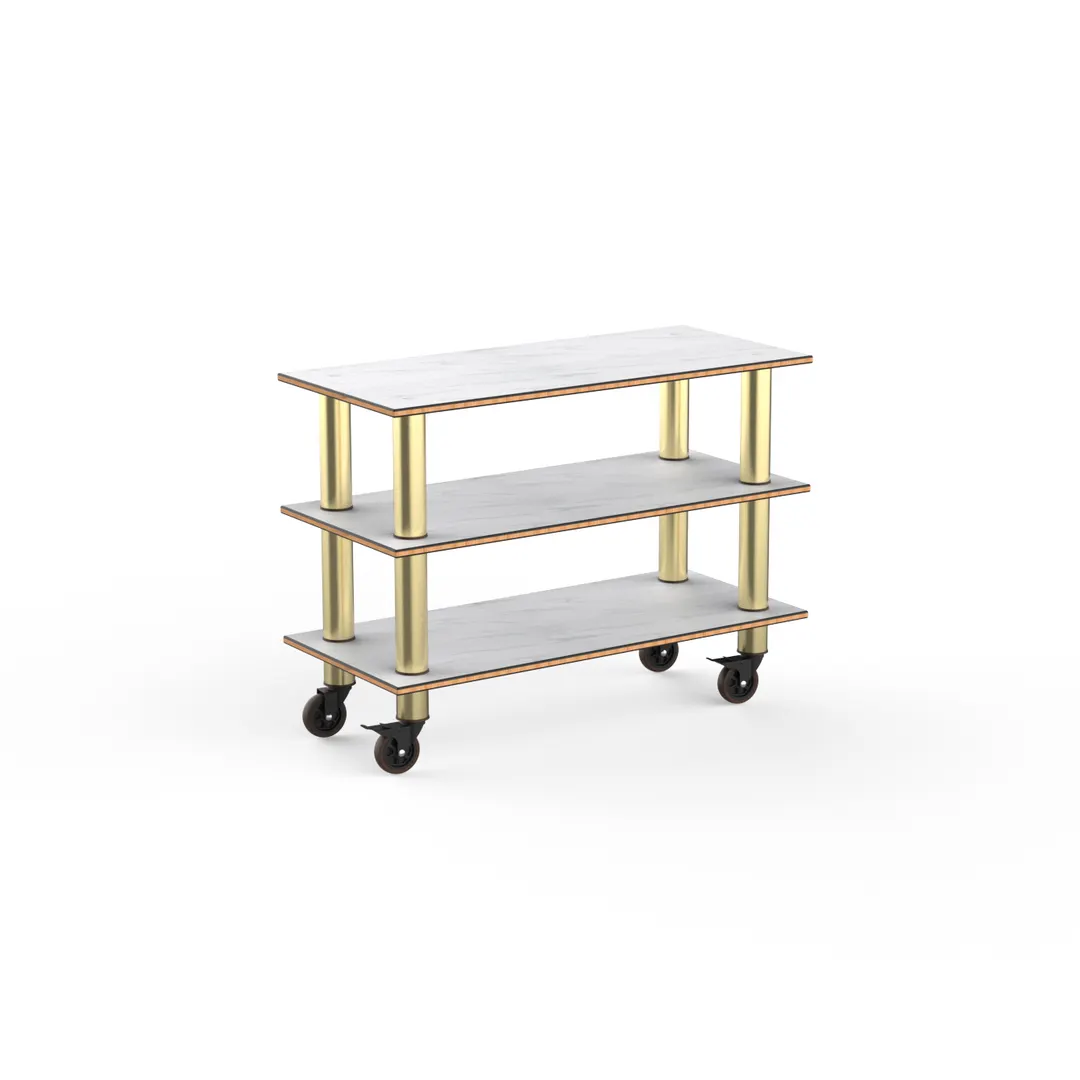 Steelite MGCMSX02CBXW - Modular Mogogo Configurable Buffet Table with White Carrera & Brush Brass, Heavy-Duty Casters, Mixed Materials, 1 per Case