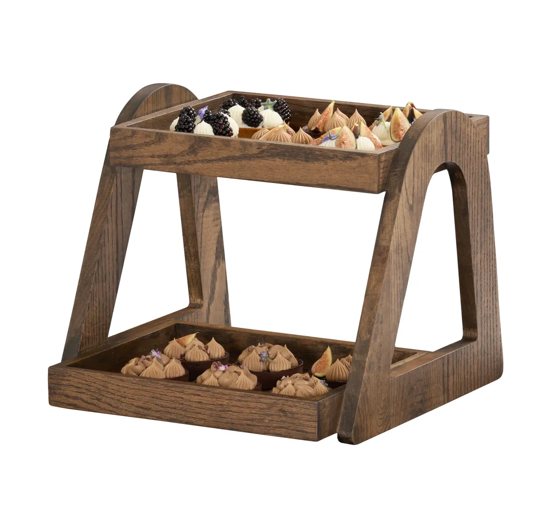 Cal-Mil 27002-136 Tiered Display Stand 15" x 16" x 13" Chocolate Brown Wood Two-Tier Tabletop Stand