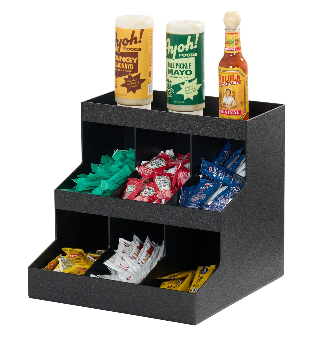 Cal-Mil 28503-13 Classic 12"x12"x11.5" Two-Tier Black ABS Condiment Organizer Bin Rack with 9 Bins