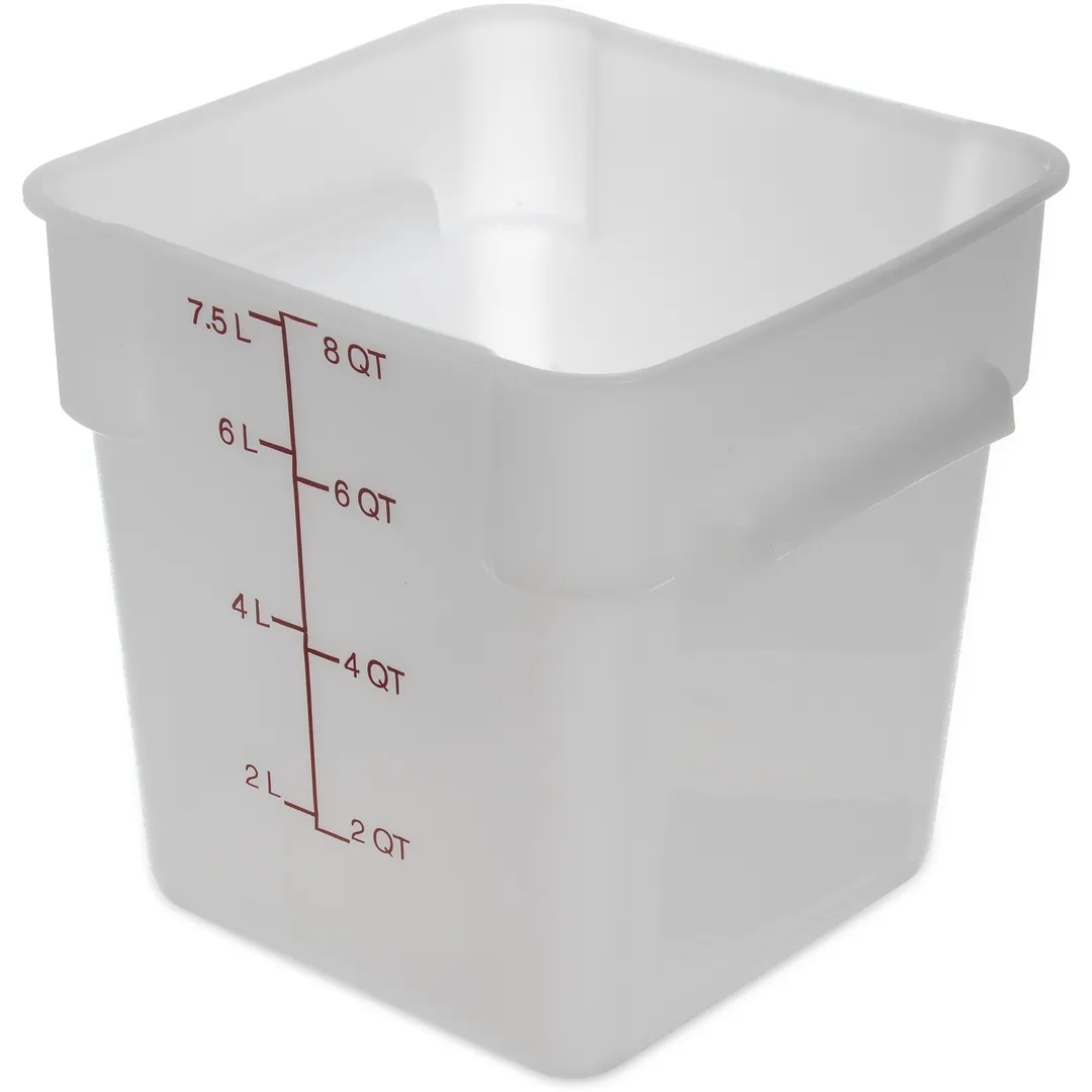 Carlisle 11963PE02 Food Storage Container, 8 qt., 8-3/4" x 9"H Square, PE White/Red, Wide Handles