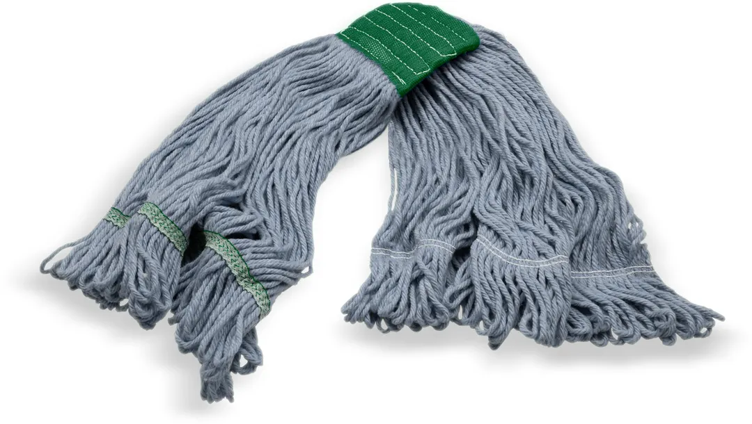 Carlisle 369551B14 Flo‑Pac Wet Mop Head – Medium 4‑Ply, Blue Cotton Blend Yarn, Green 5"W Vinyl Band