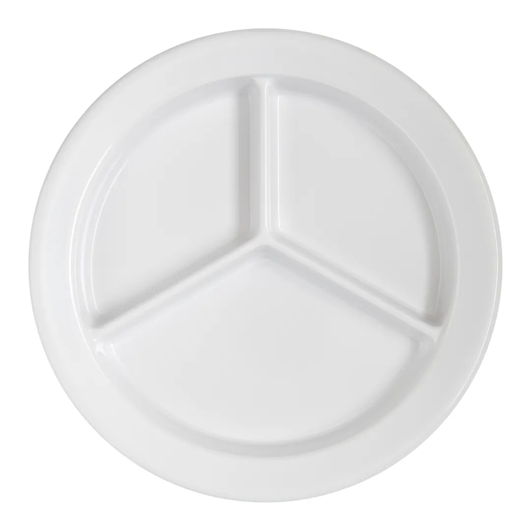 Carlisle 4351602 - 9" White Melamine 3‑Compartment Plate, Rim & Foot, Dishwasher Safe, BPA‑Free, NSF