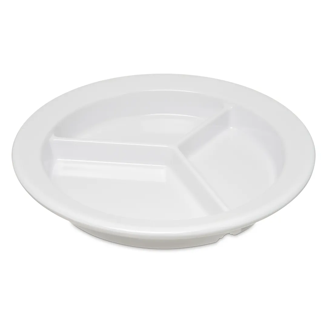 Carlisle 4351602 - 9" White Melamine 3‑Compartment Plate, Rim & Foot, Dishwasher Safe, BPA‑Free, NSF
