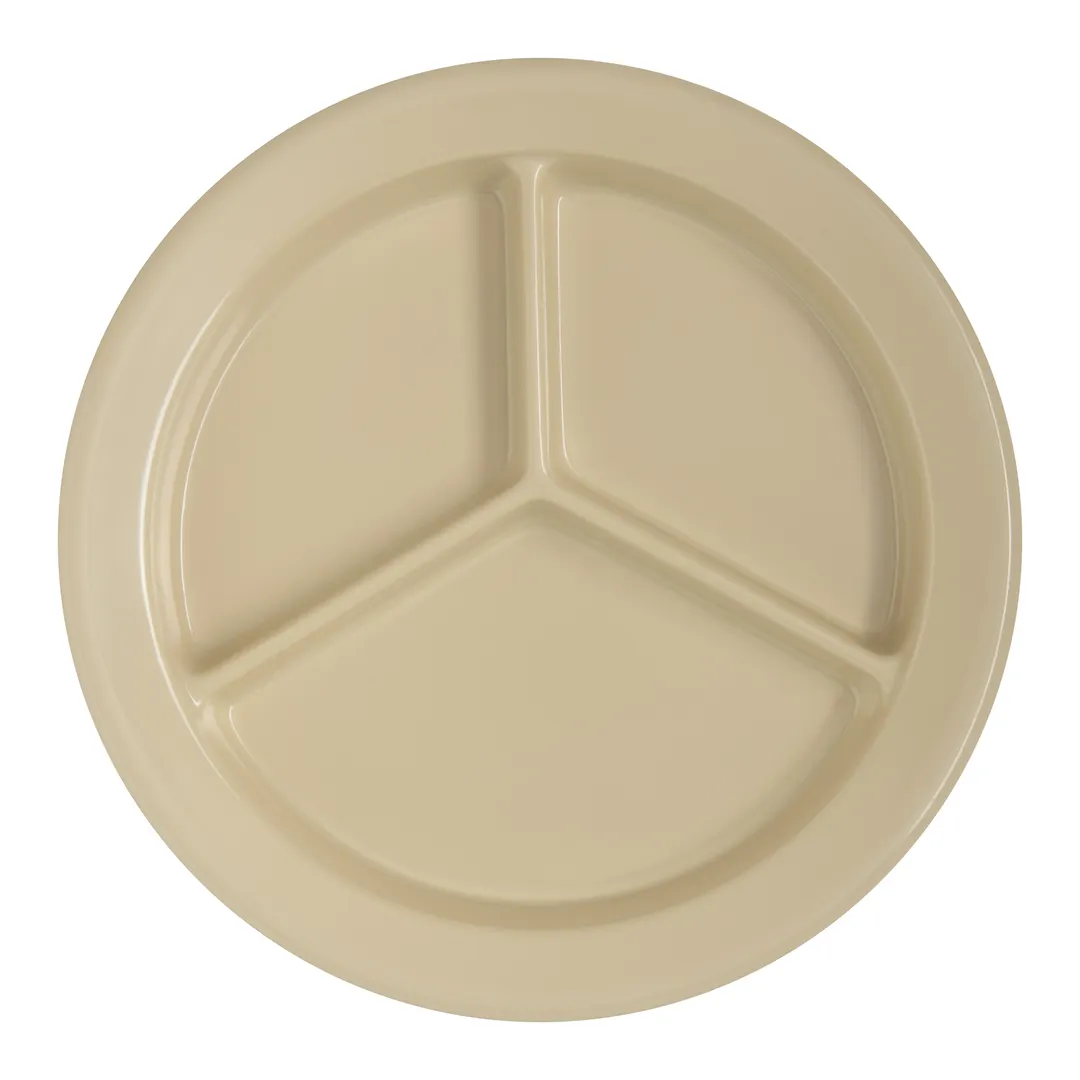 Carlisle 4351625 Dallas Ware® Compartment Plate, 9" Tan Melamine, 3‑Compartment, Rim, BPA‑Free