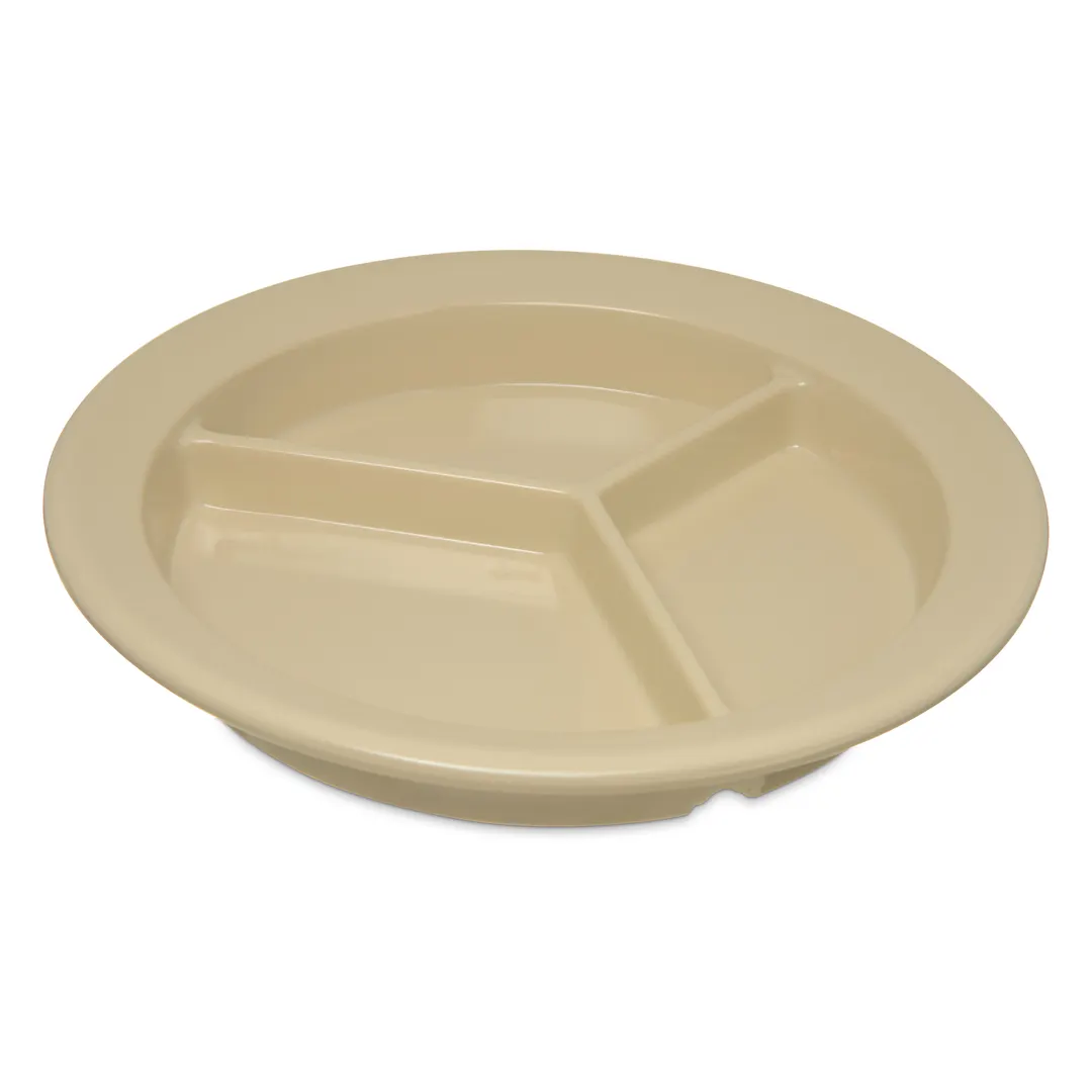 Carlisle 4351625 Dallas Ware® Compartment Plate, 9" Tan Melamine, 3‑Compartment, Rim, BPA‑Free