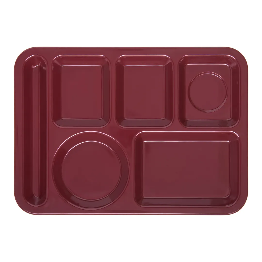Carlisle 4398085 Left‑Handed 6‑Compartment Tray, 14" x 10", Red Melamine, NSF, Dishwasher Safe