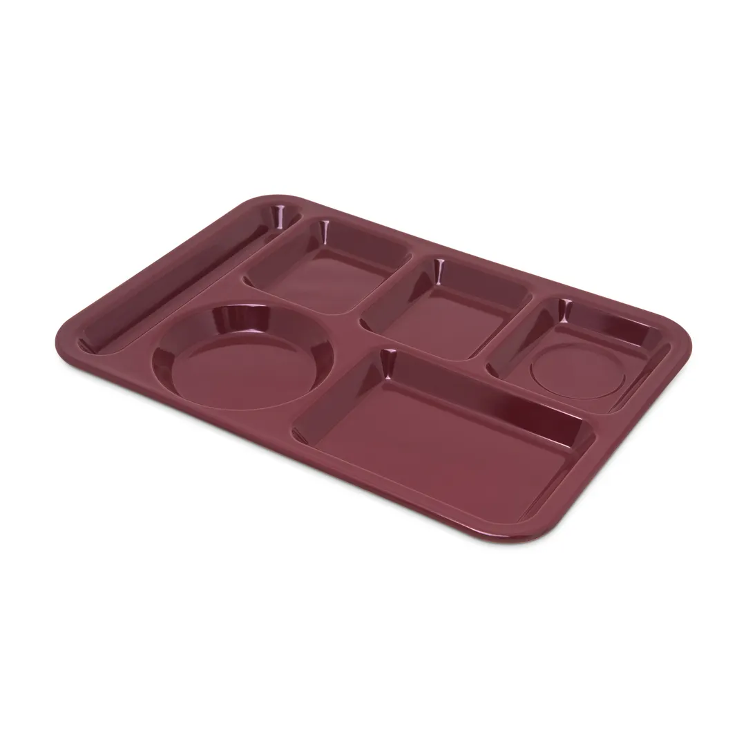Carlisle 4398085 Left‑Handed 6‑Compartment Tray, 14" x 10", Red Melamine, NSF, Dishwasher Safe
