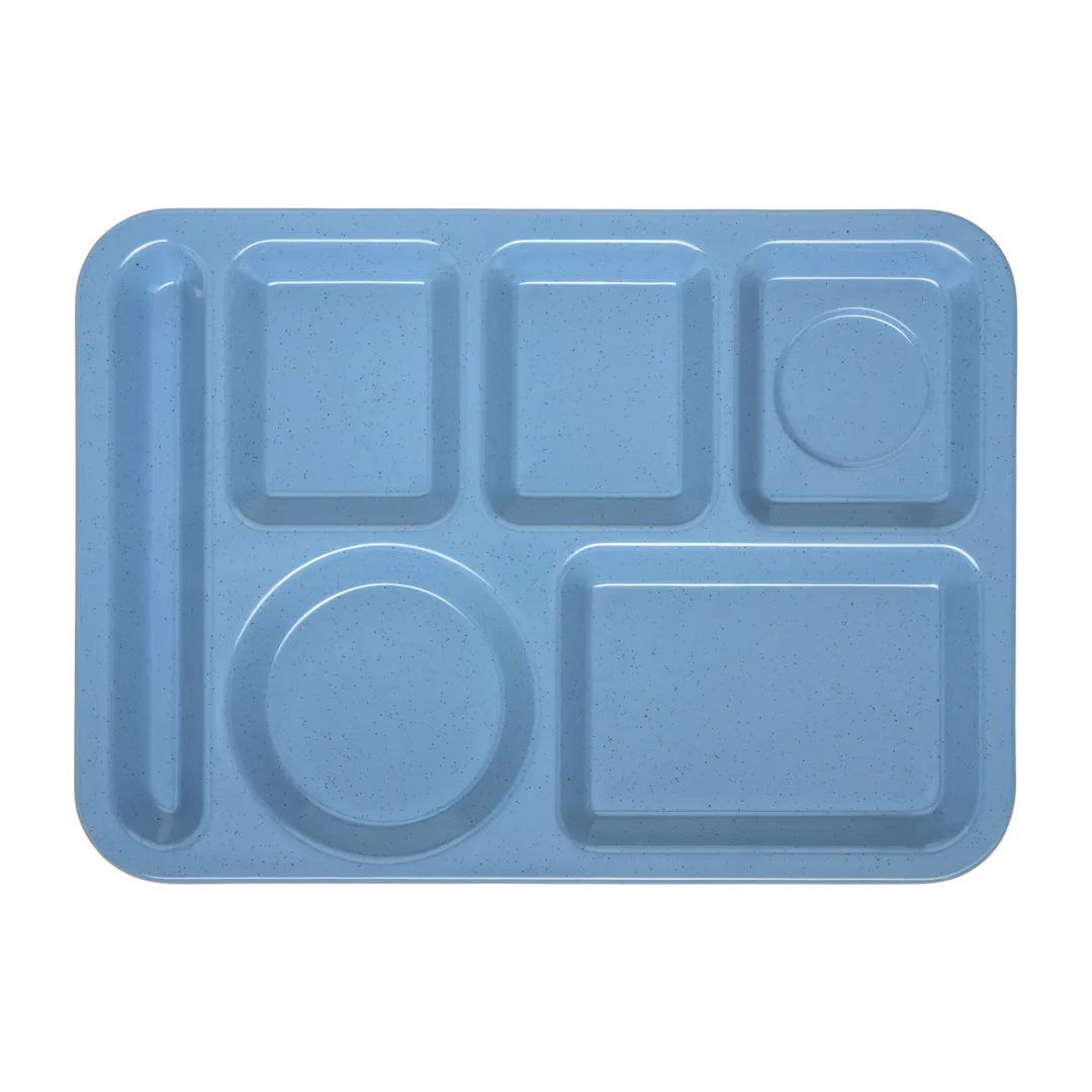 Carlisle 4398192 Left‑Handed 6‑Compartment Tray, 14" X 10", Blue Melamine, NSF, Dishwasher Safe
