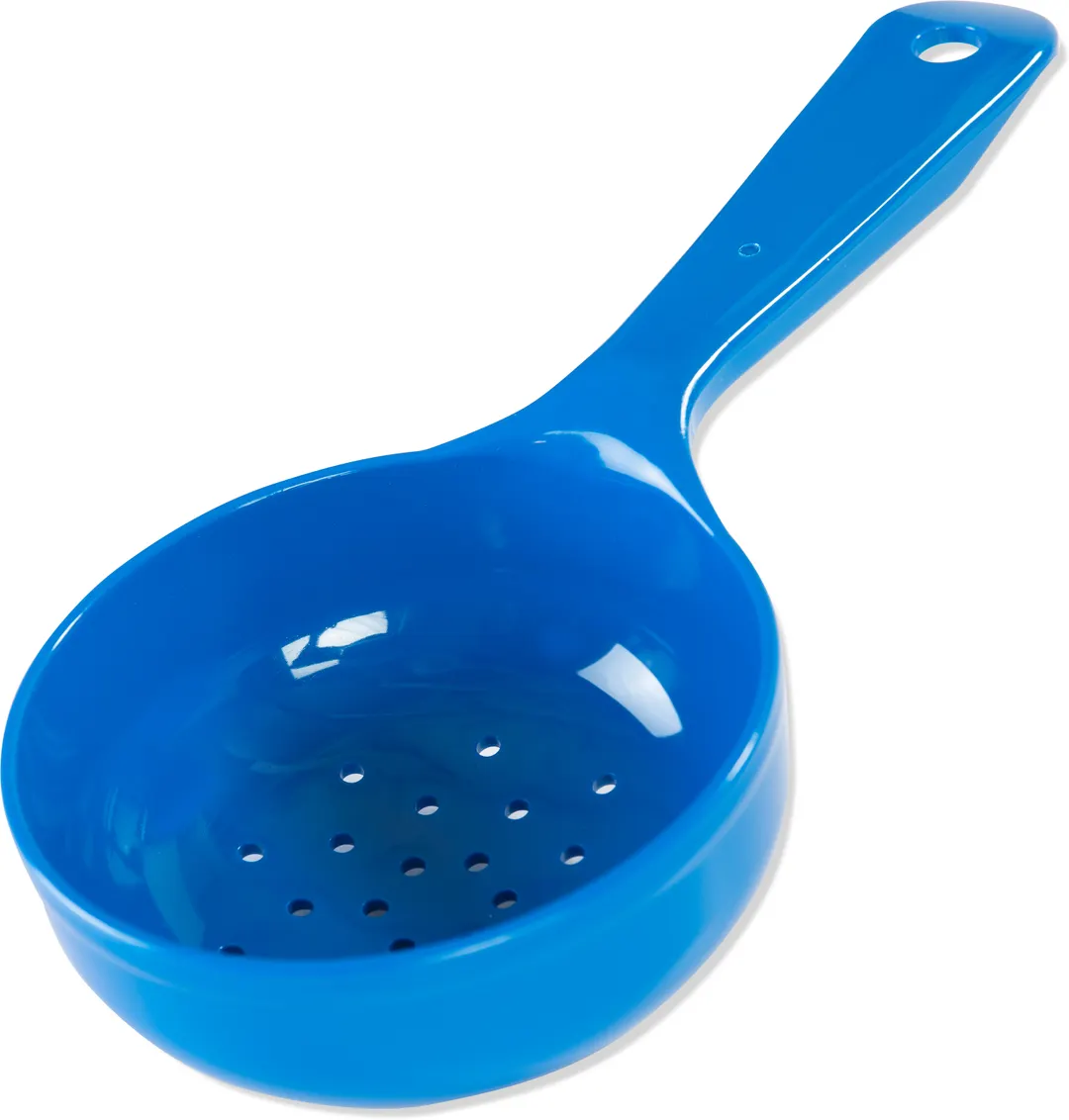Carlisle 496814 - Measure Miser Portion Control Spoon, 8 Oz Perforated Plastic, Blue Short Handle