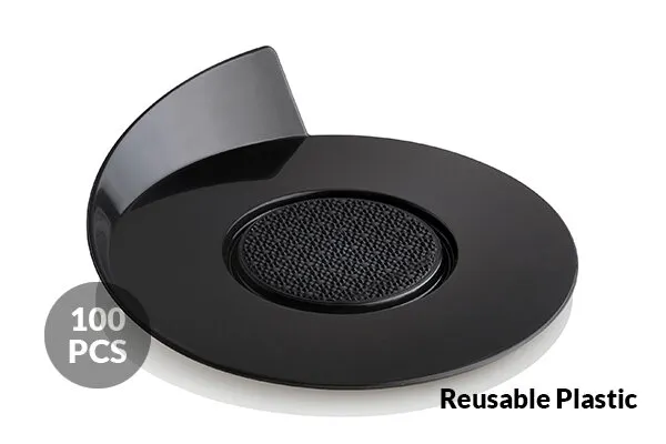 Louis Tellier PLASTICRDBKTRAY - 3.38" Round Black Plastic Tray, Non-Slip Surface, 3" Width