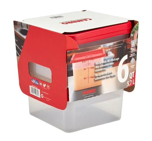 Cambro 6SFSPPRP2190 6-Quart Translucent Square Food Storage Container Set, Plastic, 4/Set