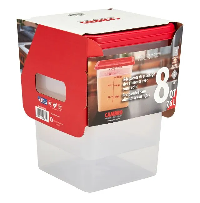 Cambro 8SFSPPRP2190 8-Quart Translucent Square Food Storage Set, 2 Containers + 2 Lids, Plastic, 4/Set