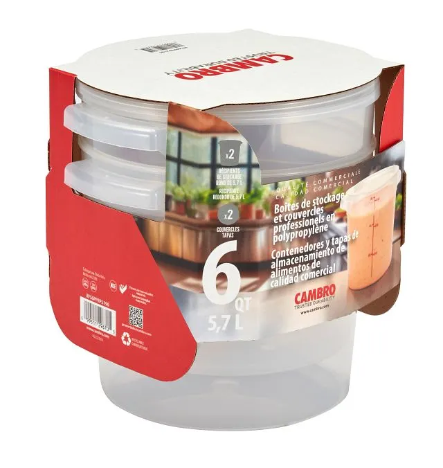 Cambro RFS6PPRP2190 6-Quart Translucent Round Plastic Food Storage Container and Lid Combo Set, 4/Set