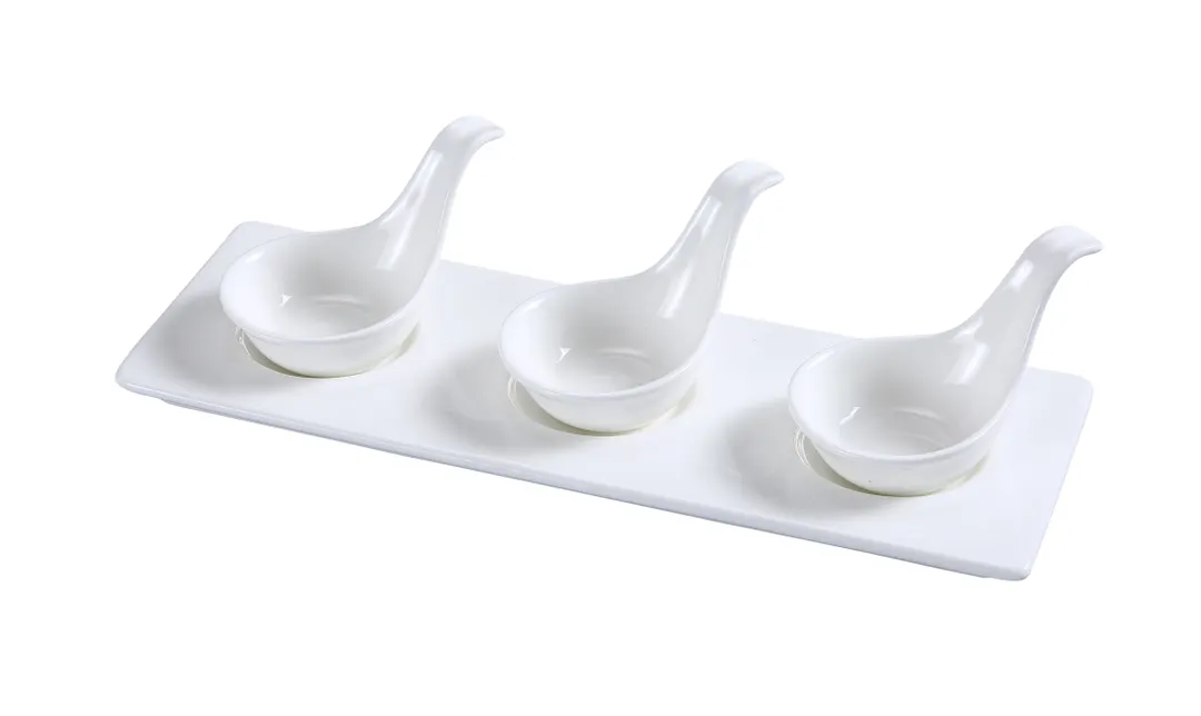 Yanco PS-721 Tasting Spoon Set – 3 2" 2oz Porcelain Spoons, 10-1/2" x 3-1/2" White Tray, Set