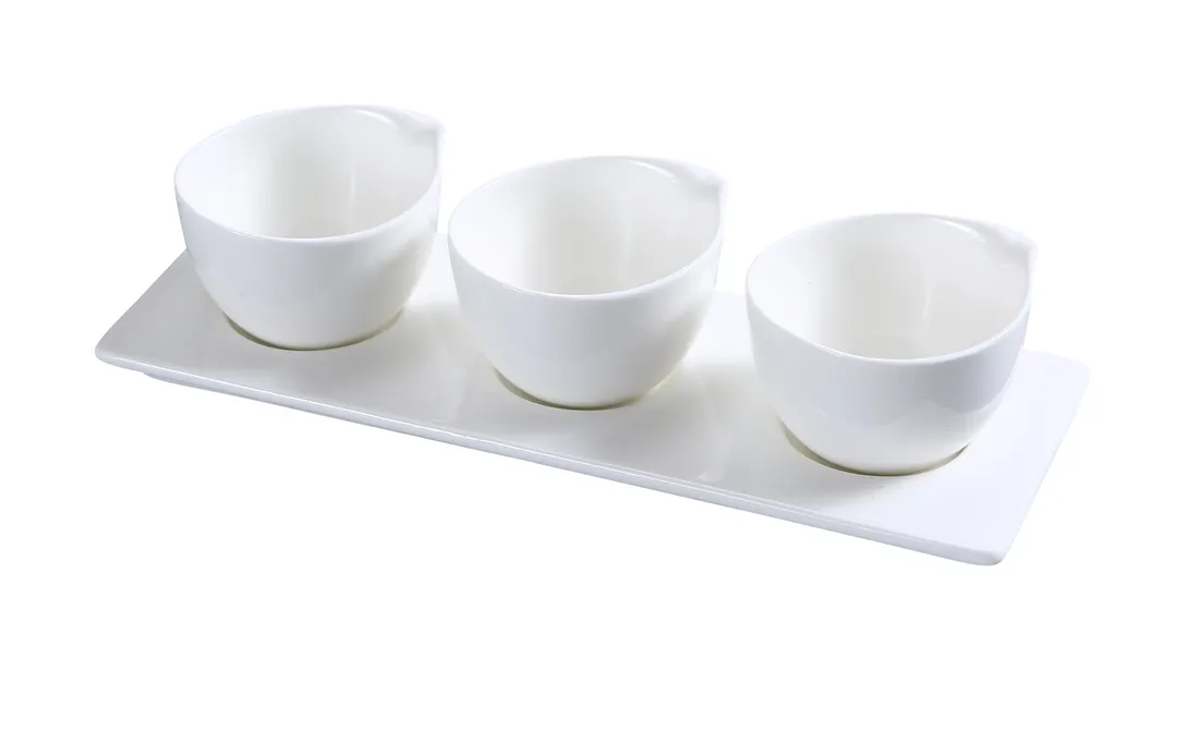Yanco PS-722 Tasting Spoon Set - 3 3" 4oz Porcelain Cups, 10-1/2"x3-1/2" Tray, White - Set