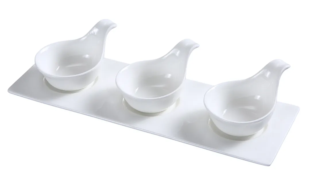 Yanco PS-723 - White Porcelain Tasting Spoon Set, 3 × 3-1/4" 4oz Spoons, 13-1/2" × 4-1/2" Tray - Set
