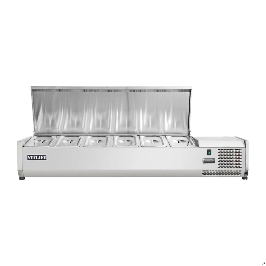 Vitlife Commercial VVRX1500/380S Refrigerated Countertop Condiment Station with Stainless Steel Lid, (6) Pan Capacity